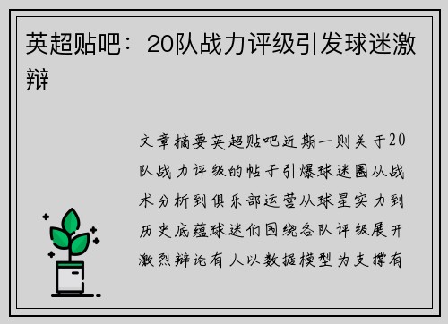 英超贴吧：20队战力评级引发球迷激辩