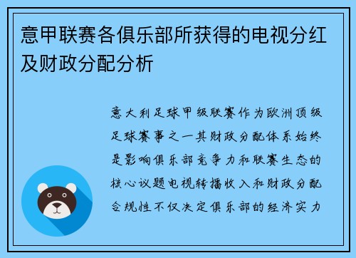 意甲联赛各俱乐部所获得的电视分红及财政分配分析
