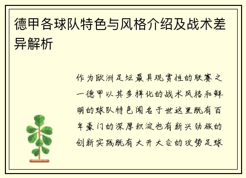 德甲各球队特色与风格介绍及战术差异解析