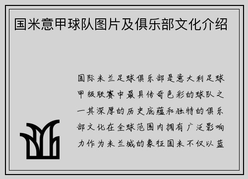 国米意甲球队图片及俱乐部文化介绍